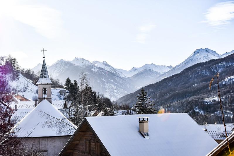 Picturesque traditional town of Serre Chevalier ski resort in winter